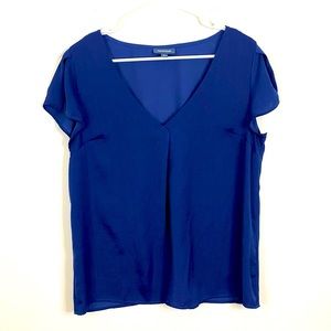 MODCLOTH Satin-Looking Blue V Neck Blouse with Flutter Sleeves